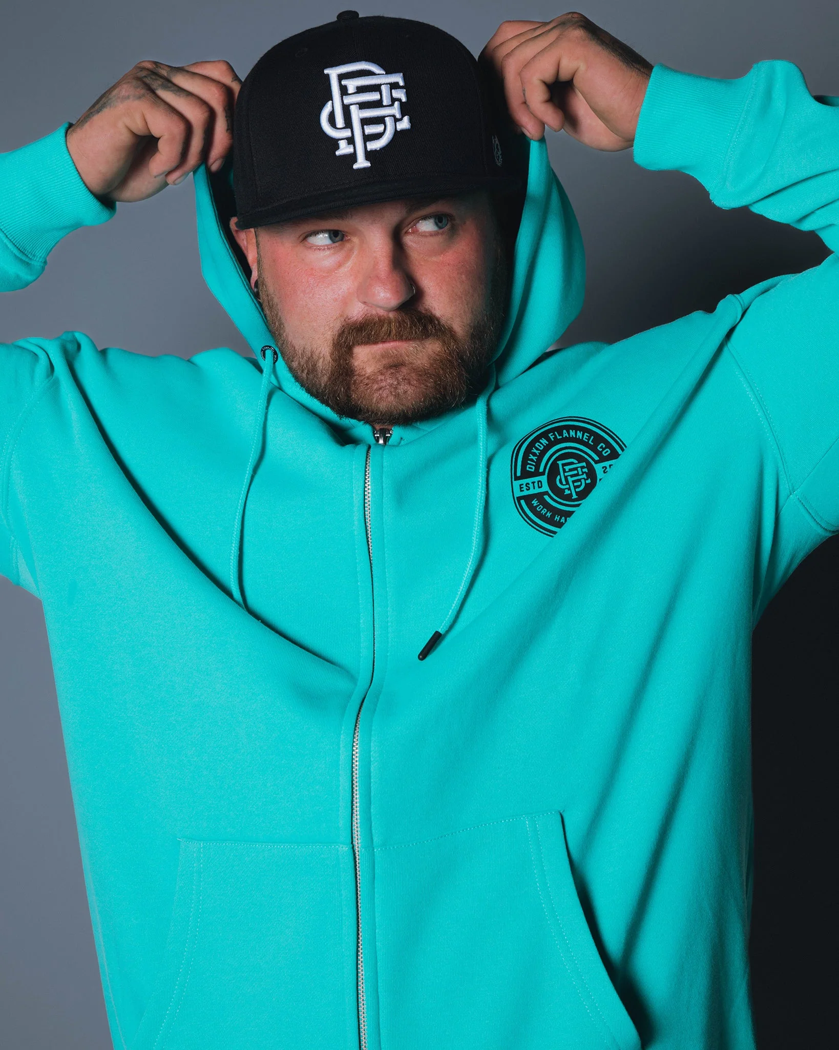 Black Work Hard Badge Zip Up Hoodie - Tiffany - Image 2
