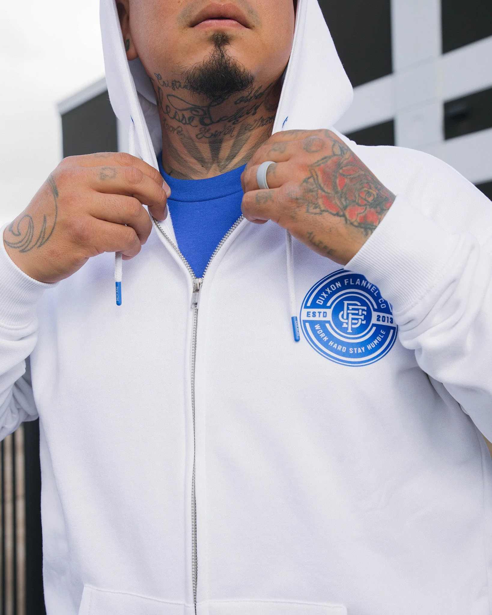 Blue Work Hard Badge Zip Up Hoodie - White - Image 2