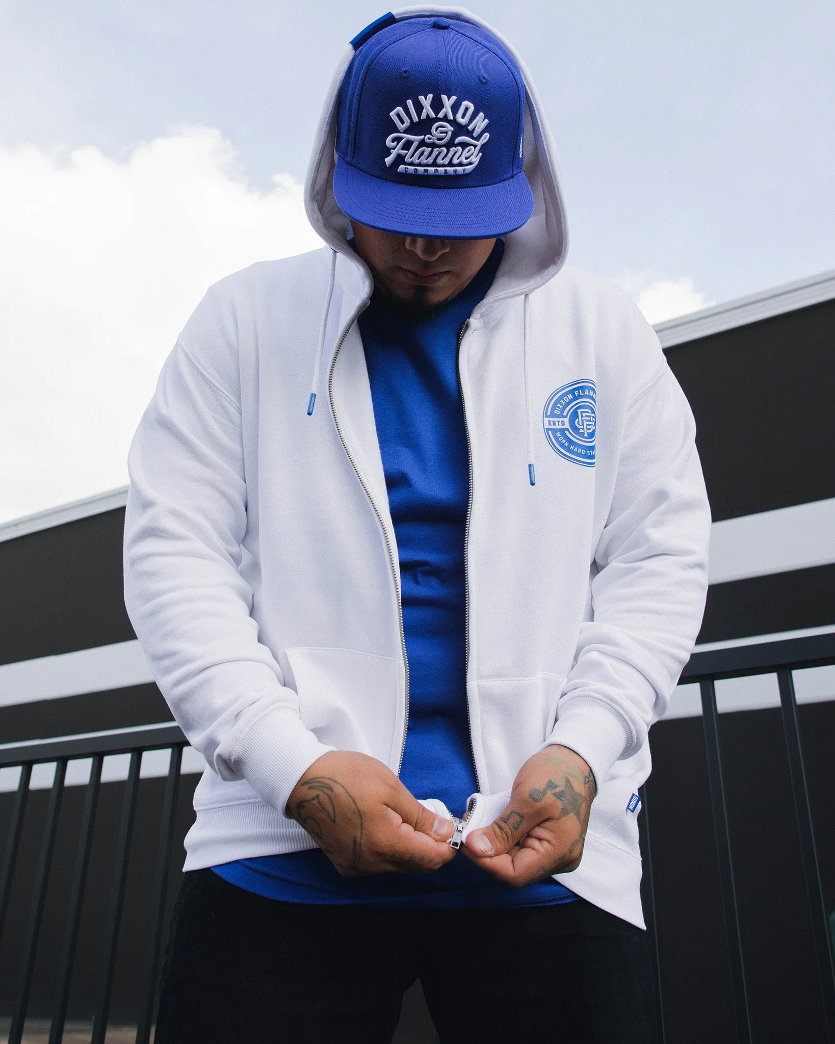Blue Work Hard Badge Zip Up Hoodie - White - Image 3