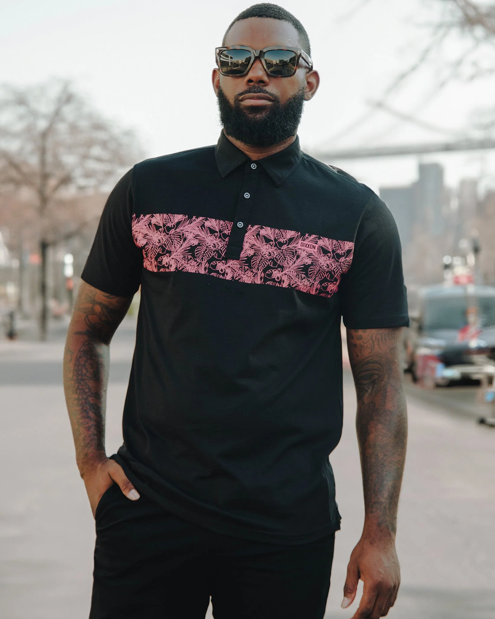 Coral Floral Premium Polo - Black - Image 3