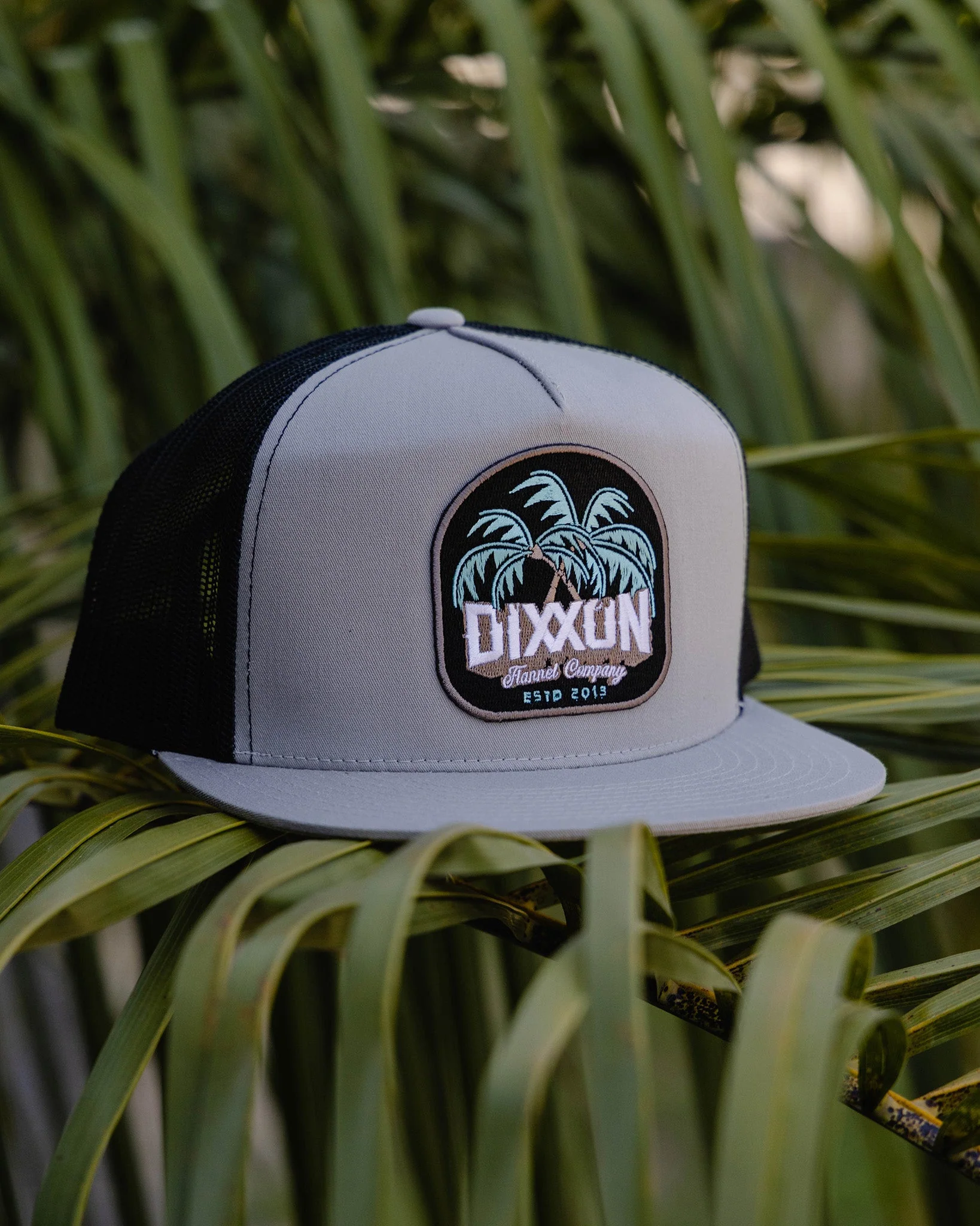 Dueling Palms Flat Bill Trucker Snapback- Black, Turquoise, & Tan - Image 2