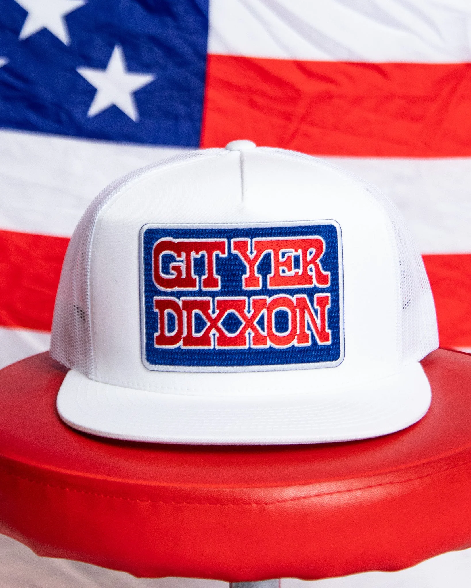 Git Yer Dixxon Flat Bill Trucker Snapback - Red, White, & Blue - Image 2