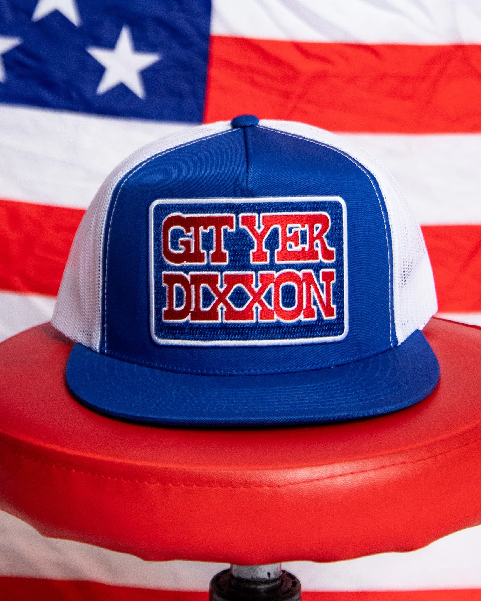 Git Yer Dixxon Flat Bill Trucker Snapback - Red, White, & Blue - Image 3