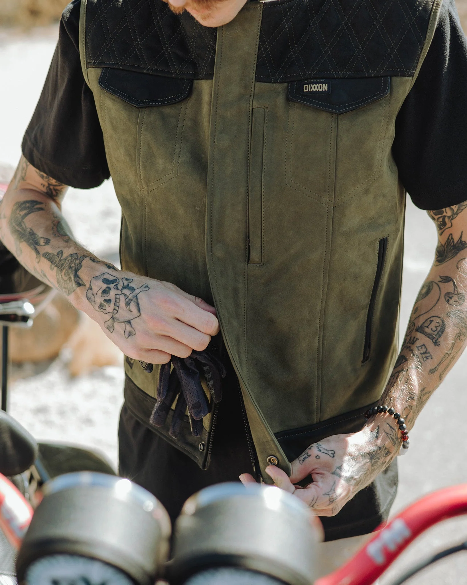 Humboldt Diamond Stitch Suede Leather Vest - Black & Olive Green - Image 6