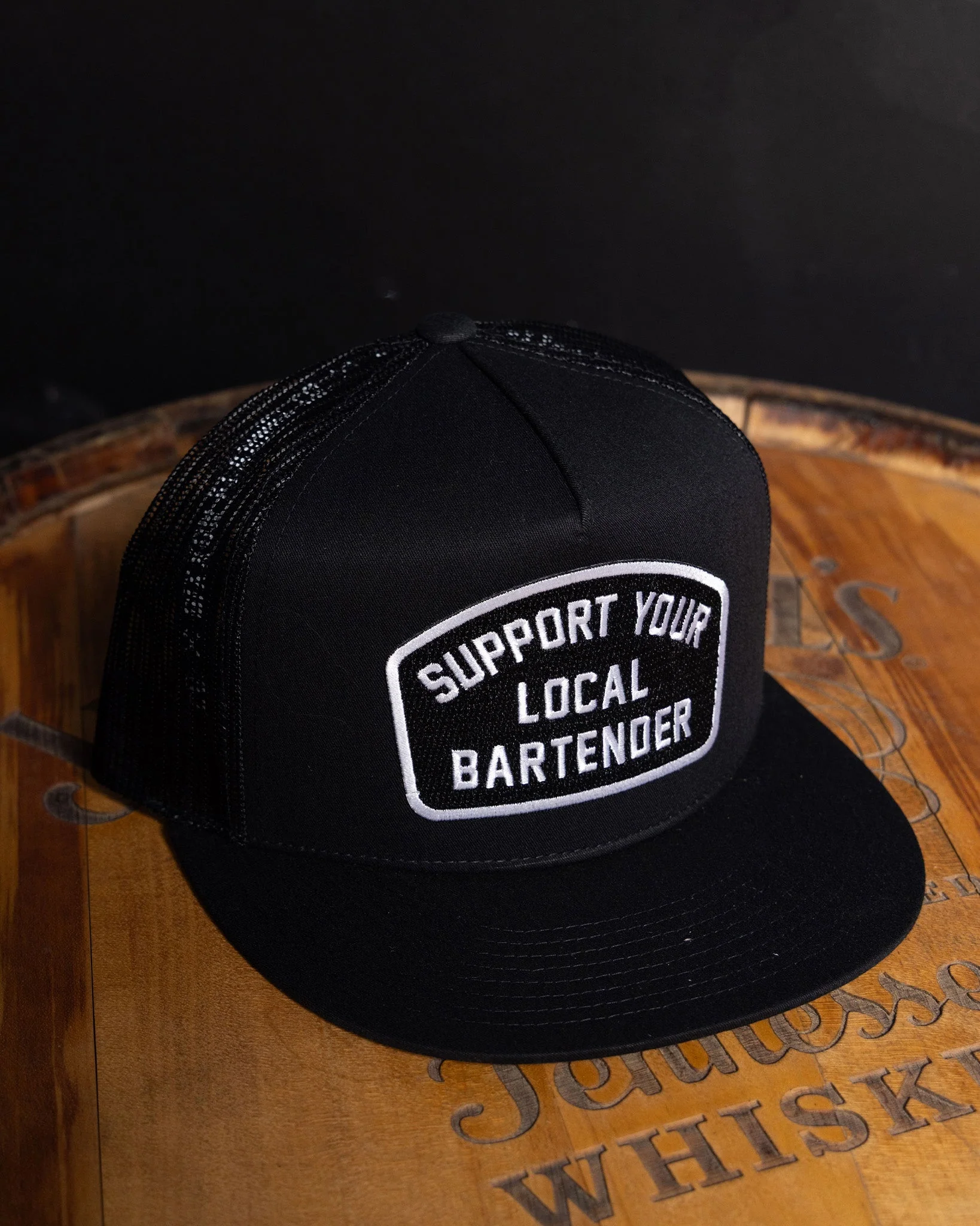 Support Your Local Bartender Flat Bill Trucker Snapback - White & Black - Image 2