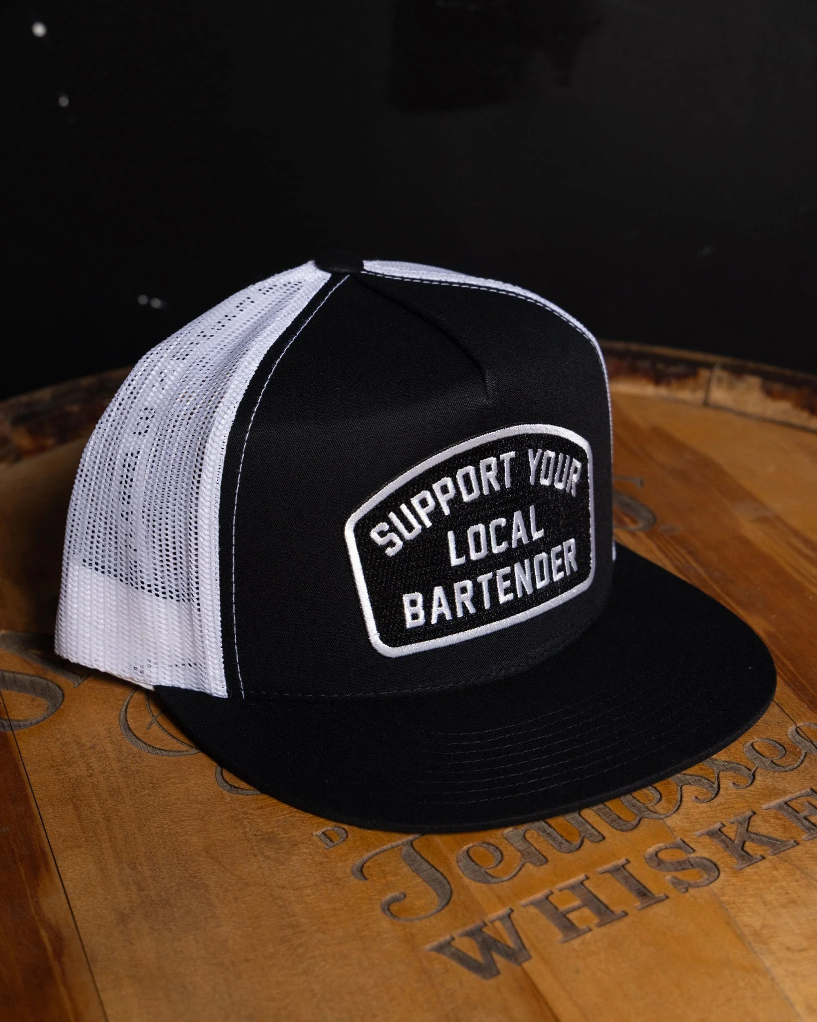Support Your Local Bartender Flat Bill Trucker Snapback - White & Black - Image 3