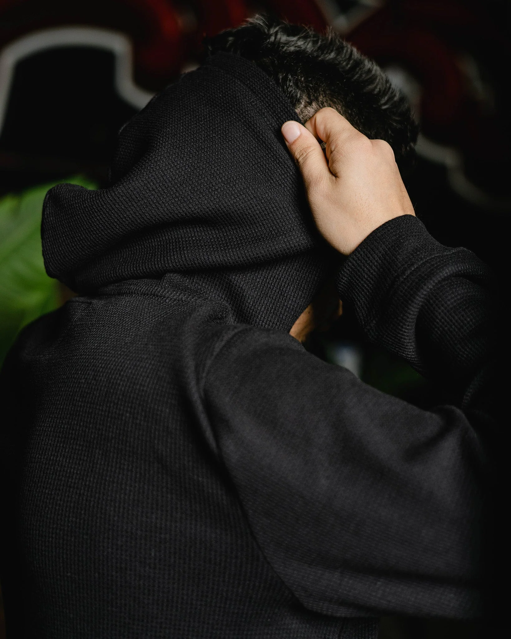 Waffle Knit Pullover Hoodie - Black - Image 2