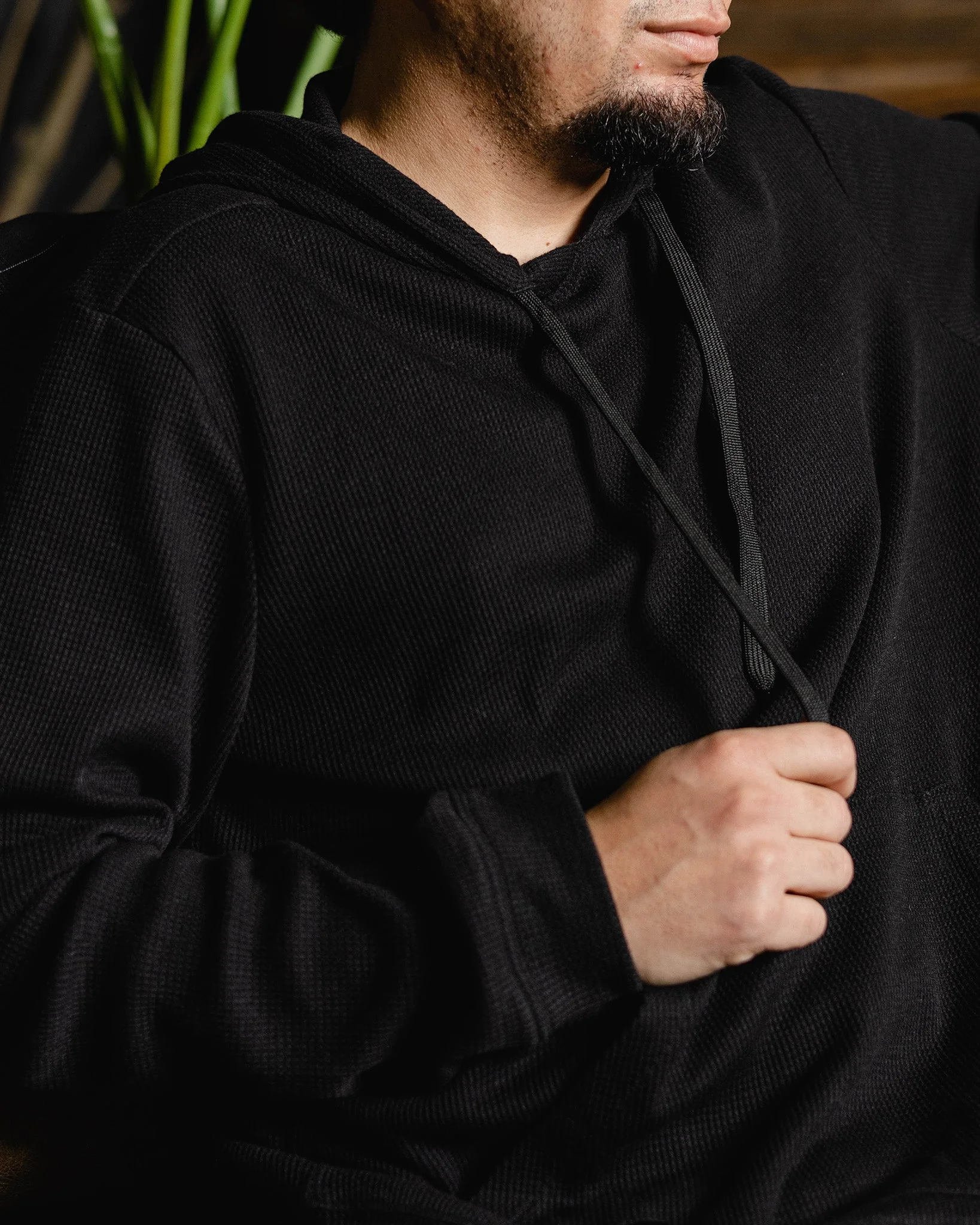 Waffle Knit Pullover Hoodie - Black - Image 3