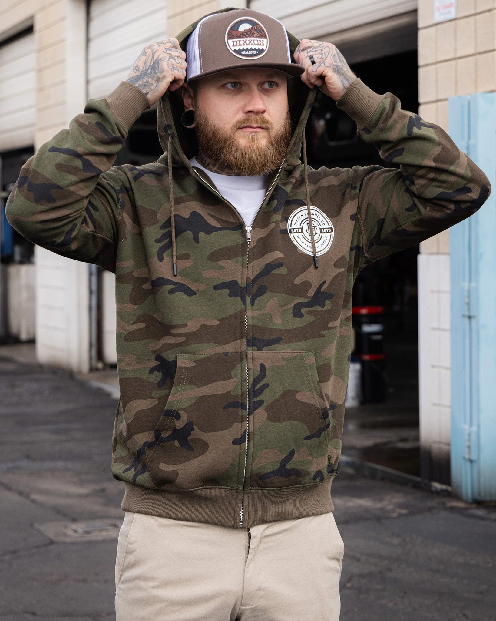 White Work Hard Badge Zip Up - Camo - Image 8