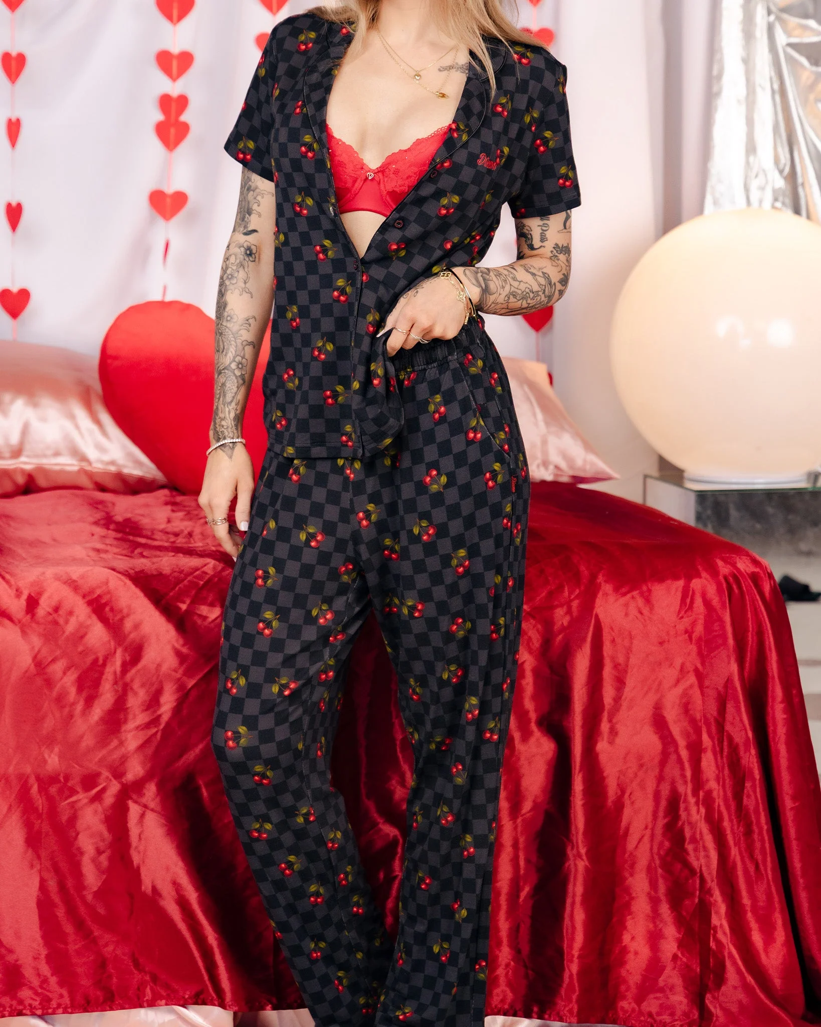 Women's Black Checkered and Cherry Button Up Pajama Top - Image 4