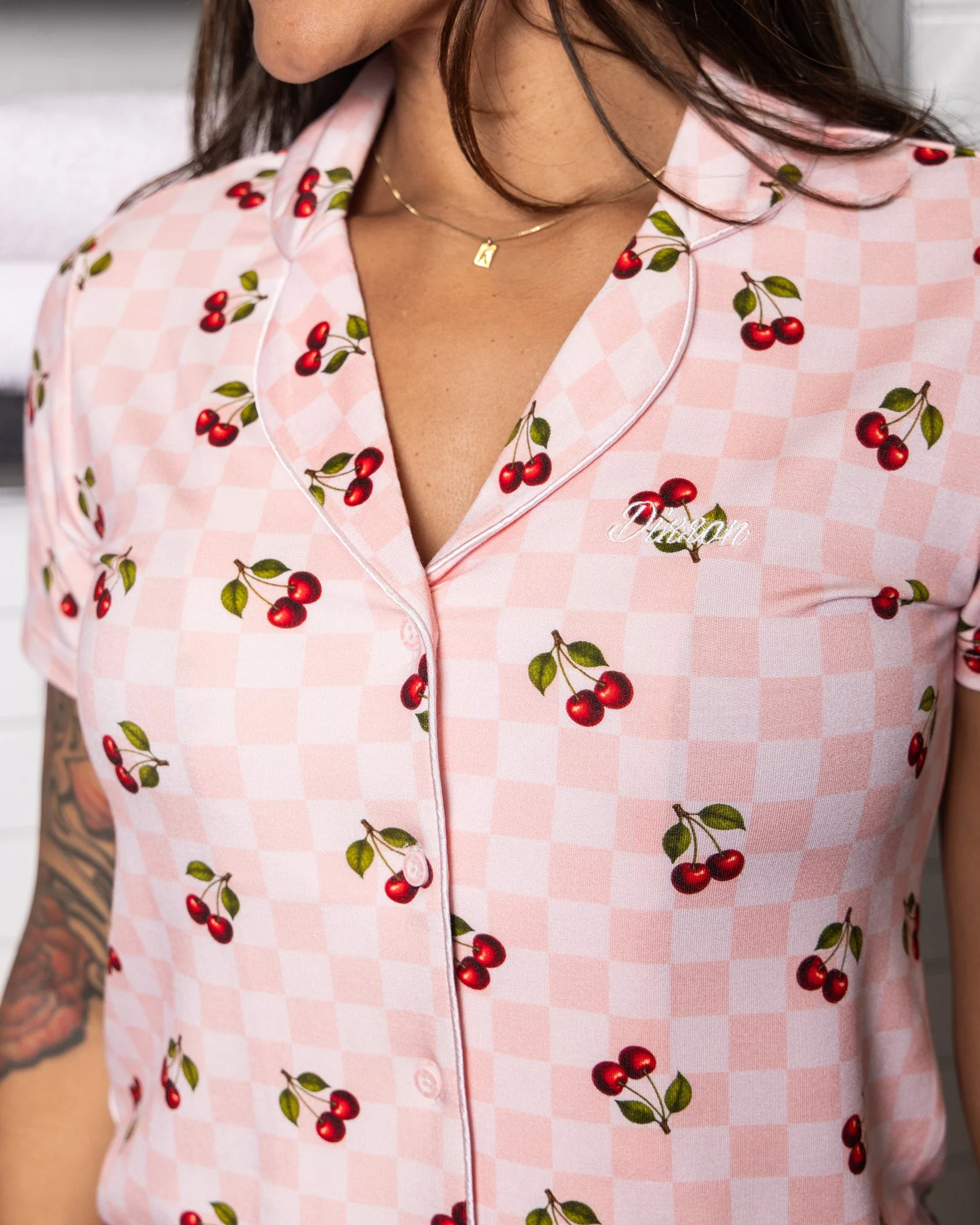 Women's Pink Checkered and Cherry Button Up Pajama Top - Image 3