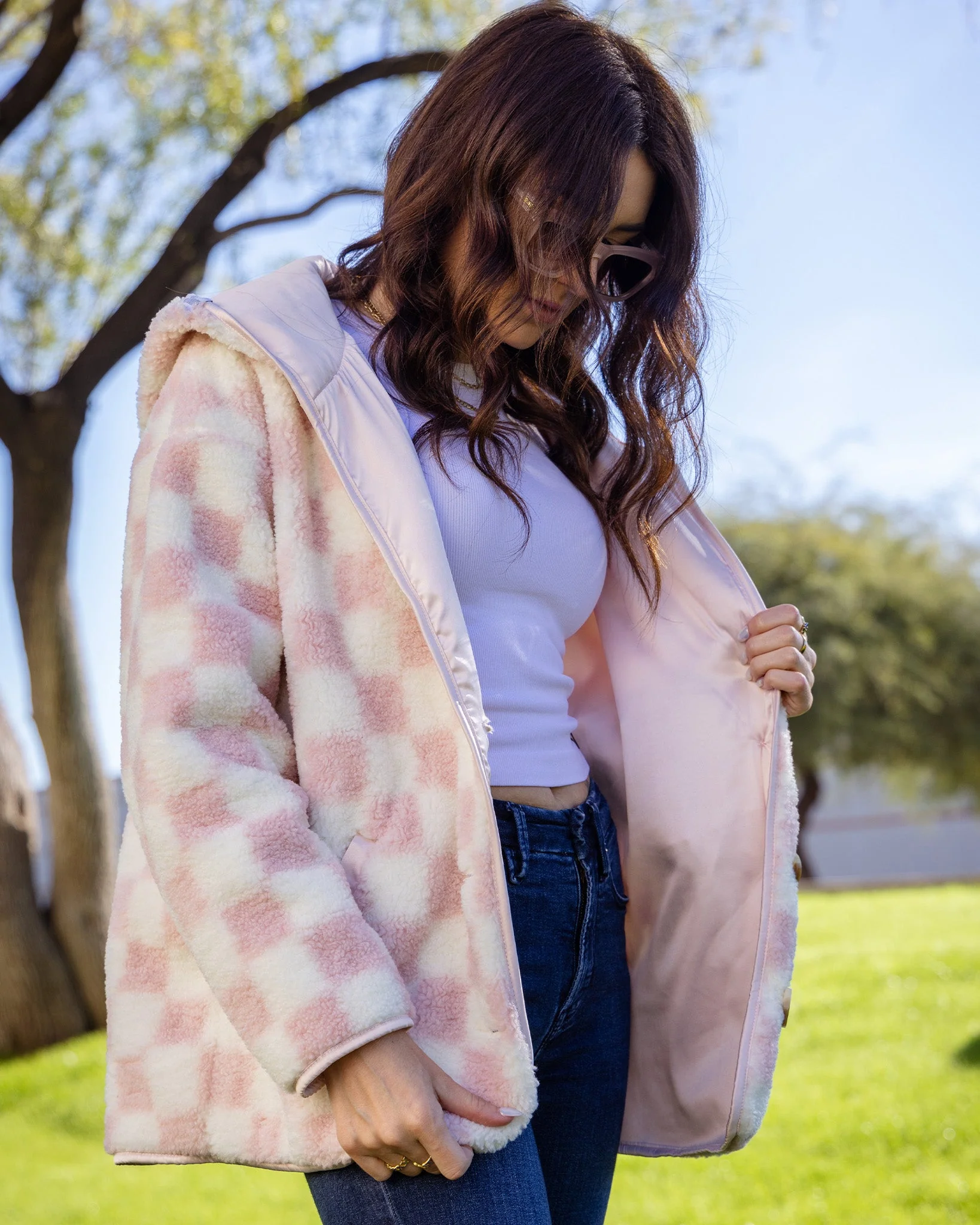 Women's Checkered Sherpa Cardigan - Pink & Cream - Image 4