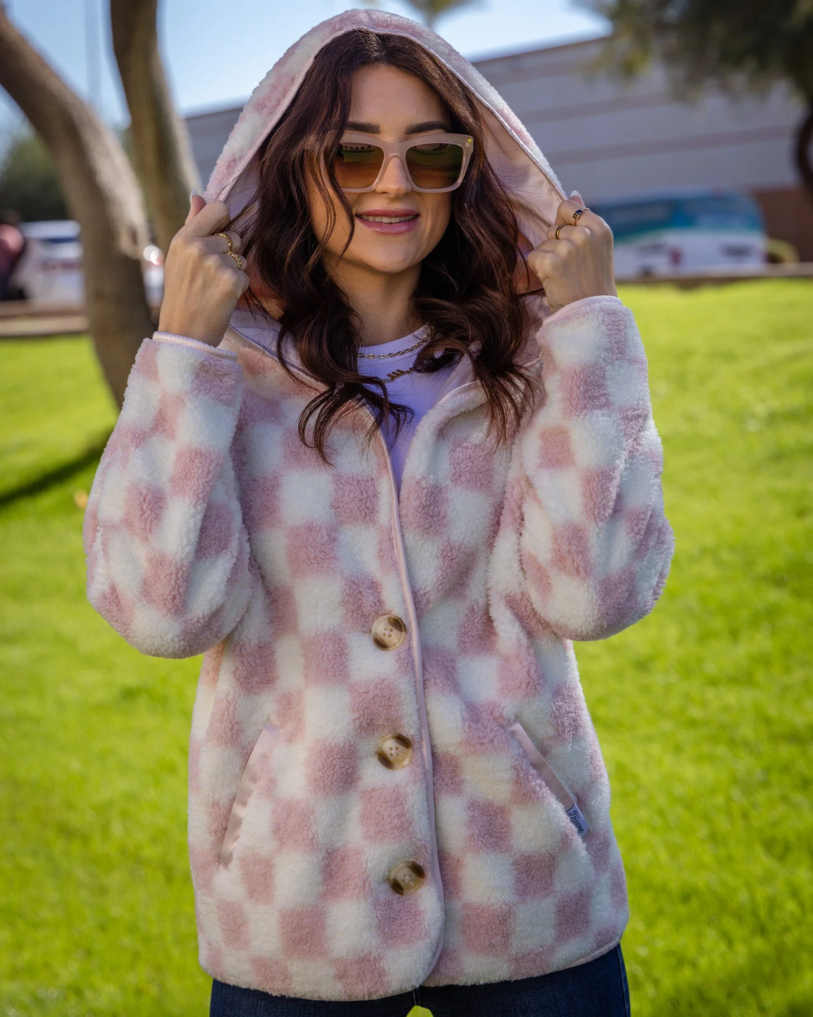 Women's Checkered Sherpa Cardigan - Pink & Cream - Image 5