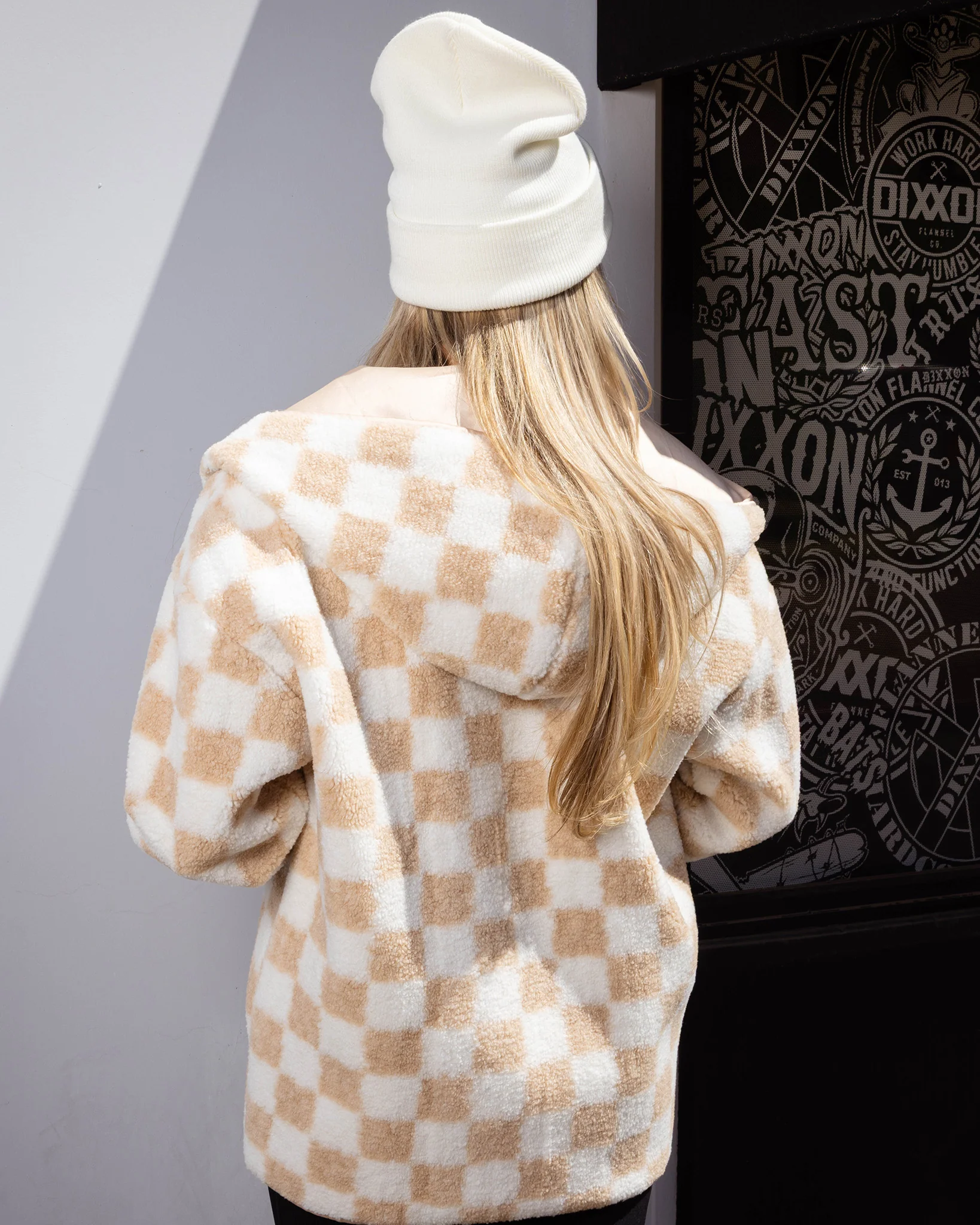 Women's Checkered Sherpa Cardigan - Tan & White - Image 4