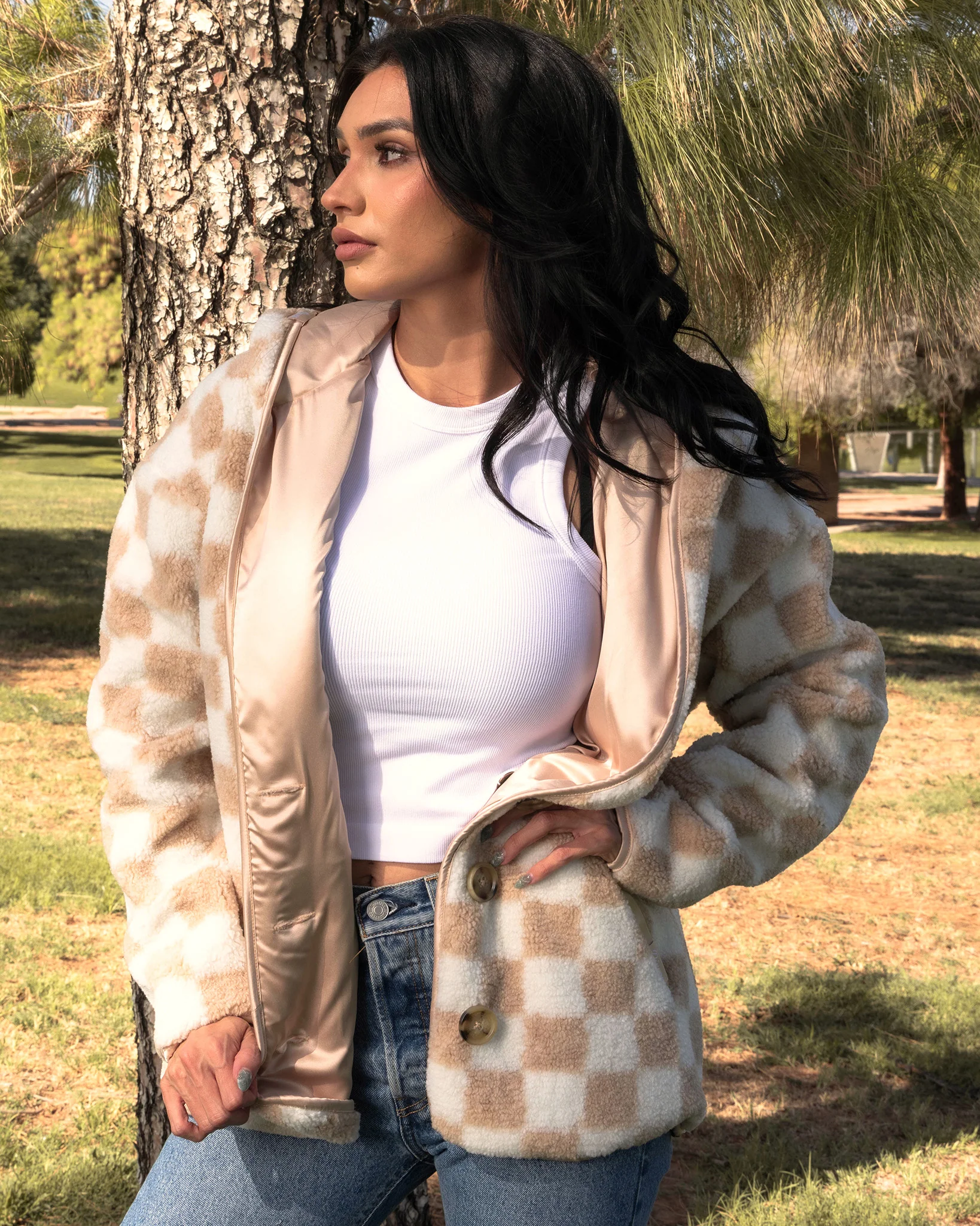 Women's Checkered Sherpa Cardigan - Tan & White - Image 5