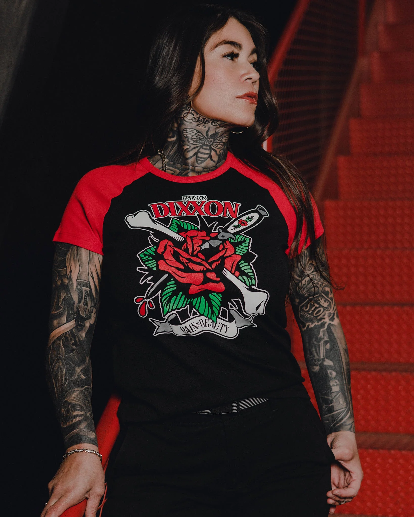Women's Pain Is Beauty Raglan Tee - Black & Red - Image 2