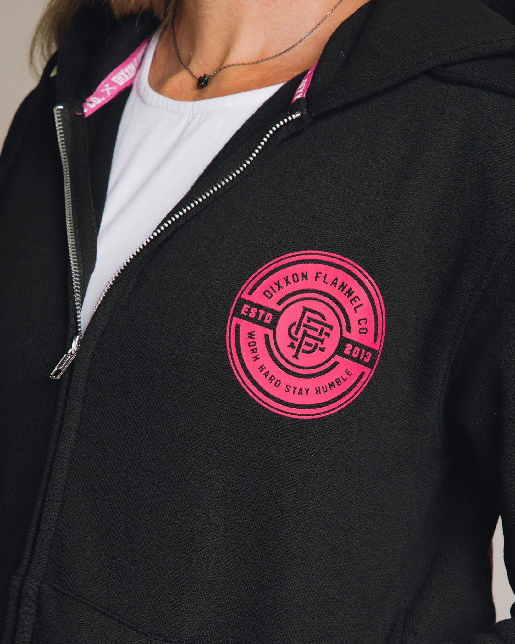 Women's Pink Work Hard Badge Zip Up Hoodie - Black - Image 2