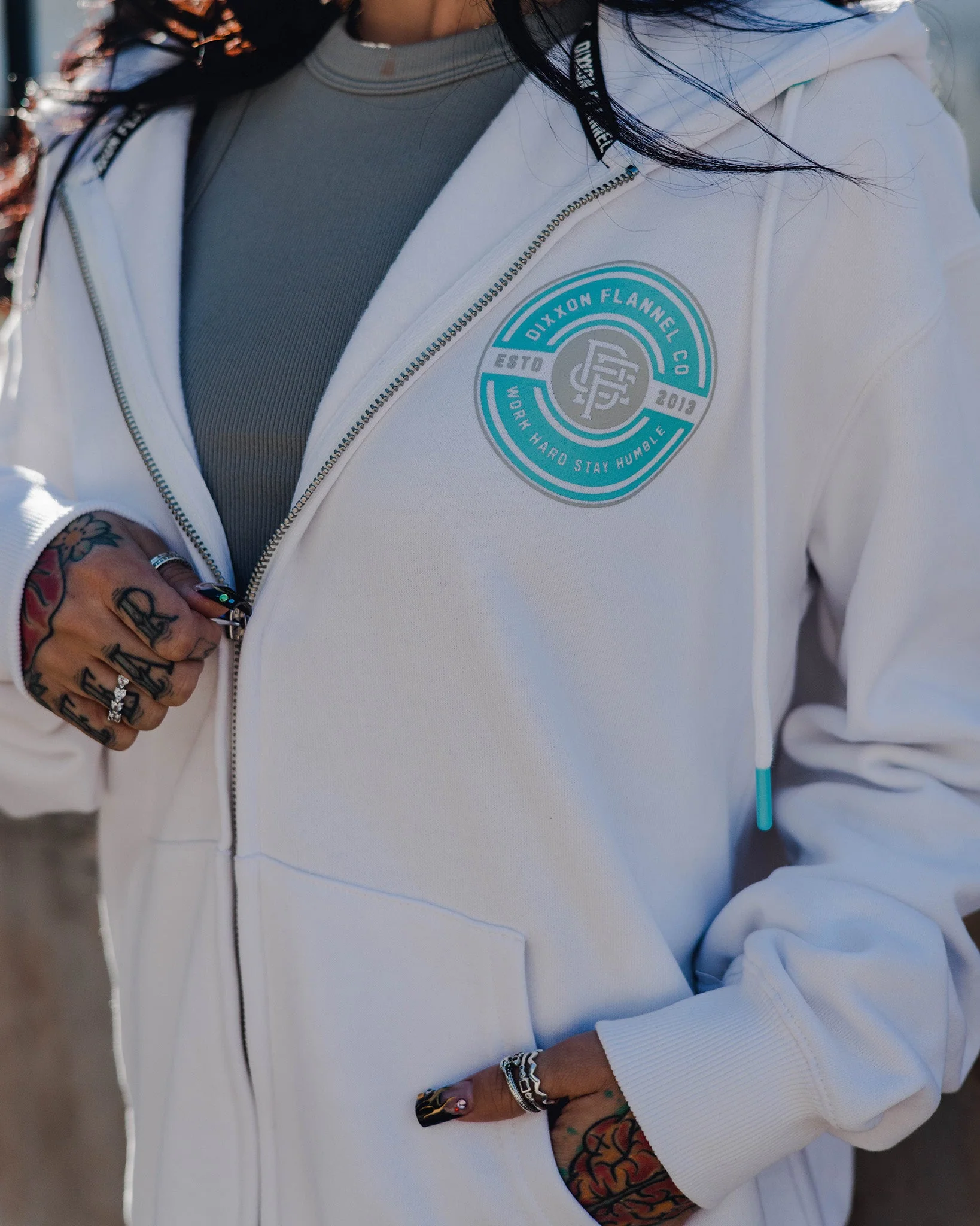 Women's Tiffany Work Hard Badge Zip Up Hoodie - White - Image 3