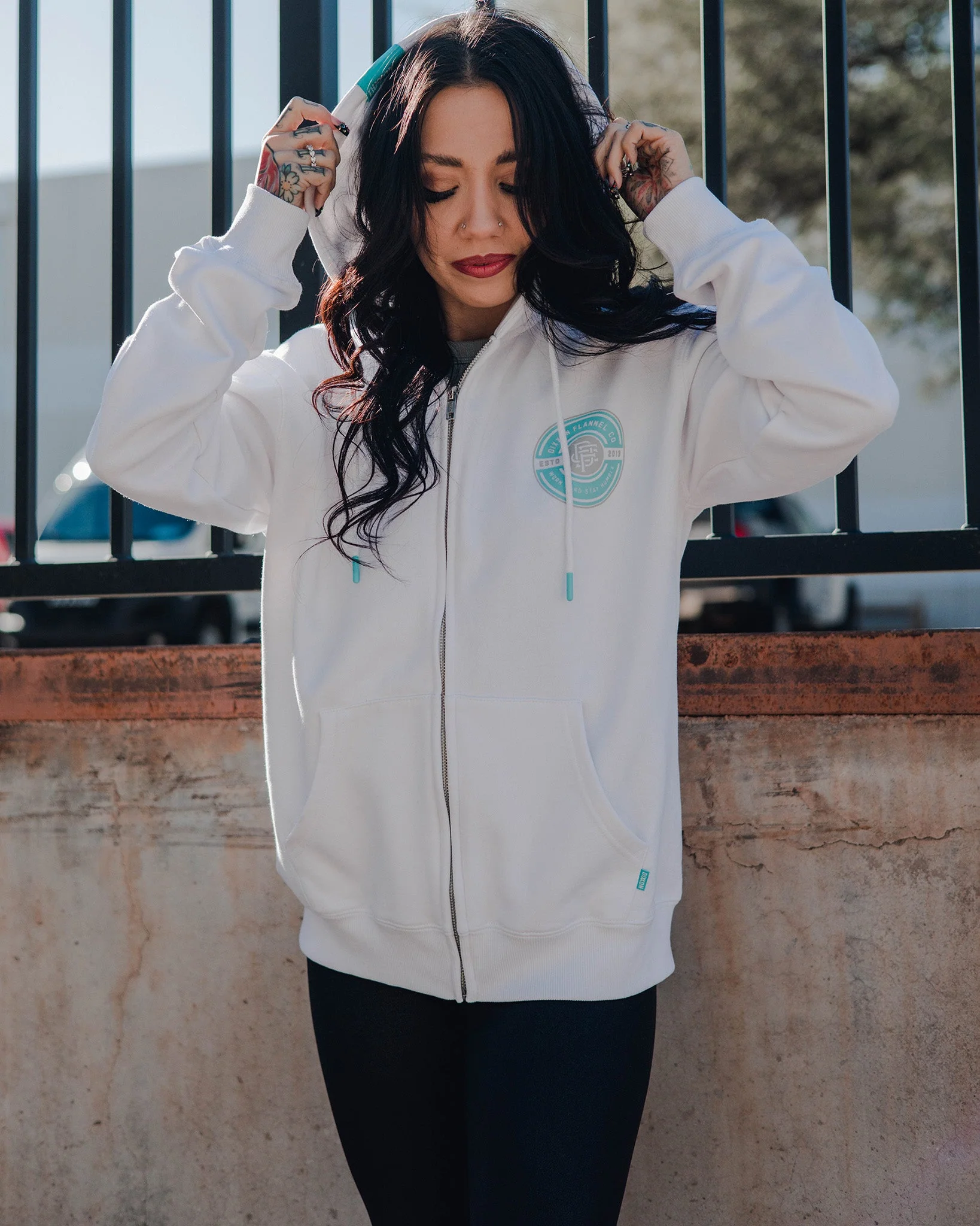 Women's Tiffany Work Hard Badge Zip Up Hoodie - White - Image 4