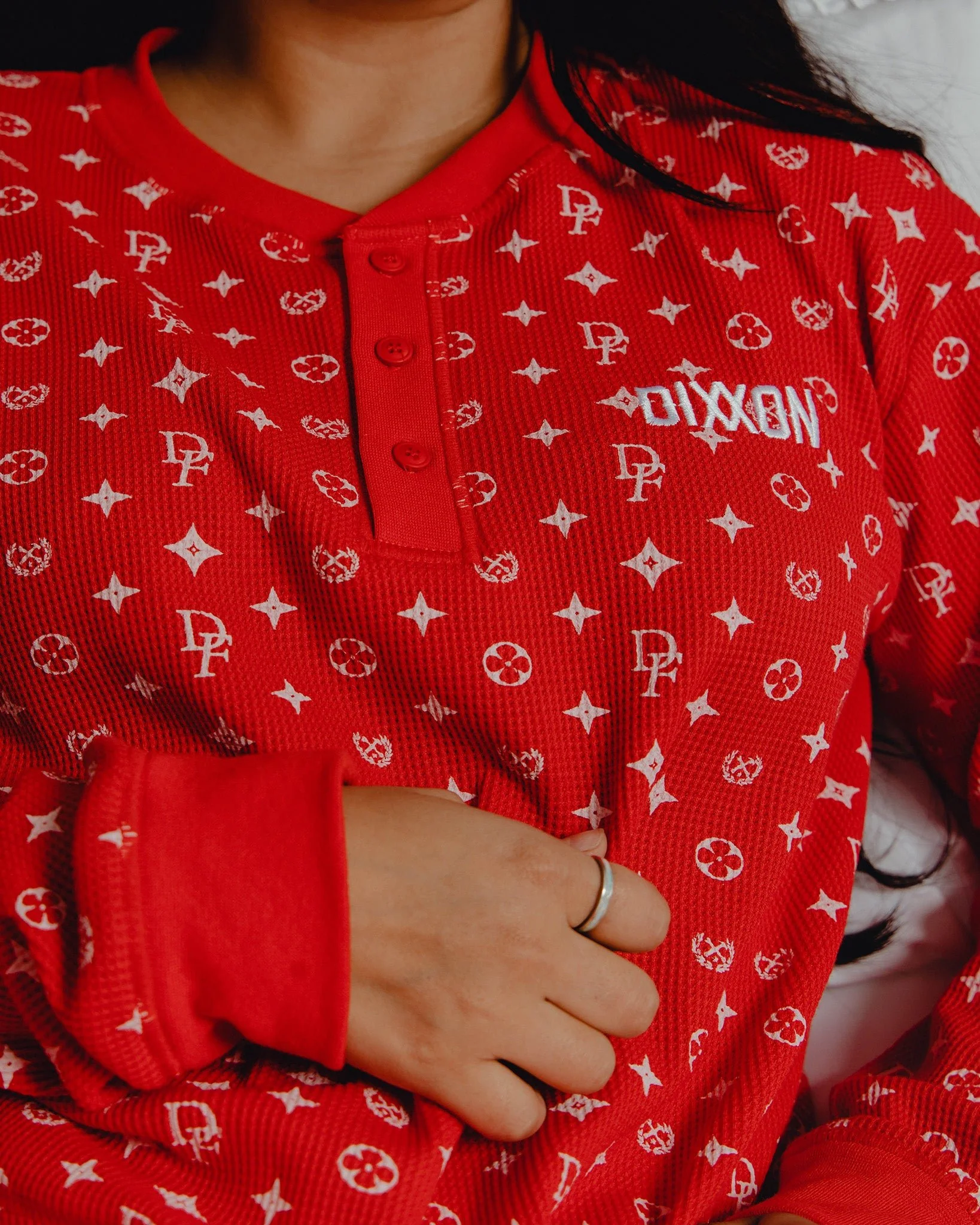 Women's Waffle Knit Long Sleeve Crop Tee - Red & White Bougie - Image 2