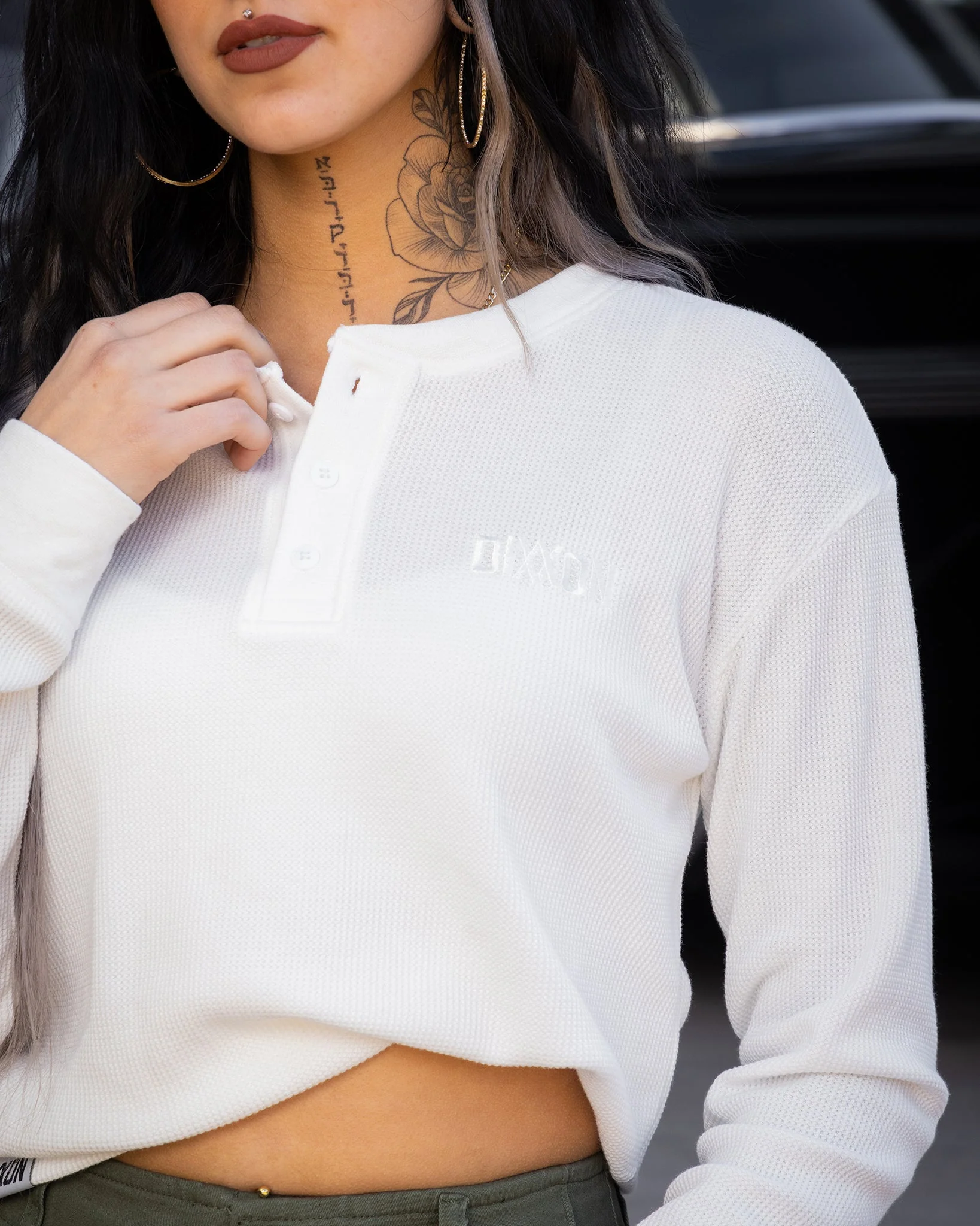 Women's Waffle Knit Long Sleeve Crop Tee - White - Image 2