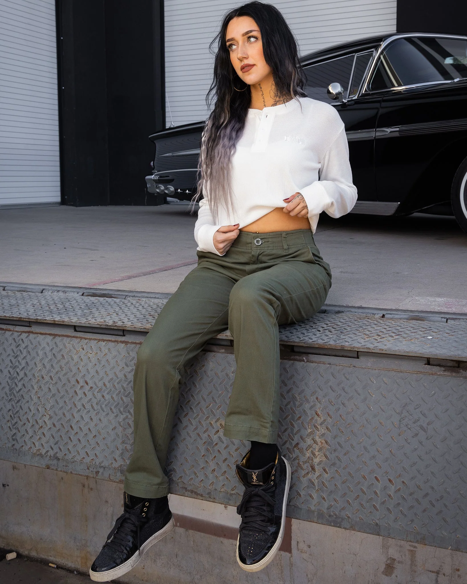 Women's Waffle Knit Long Sleeve Crop Tee - White - Image 3