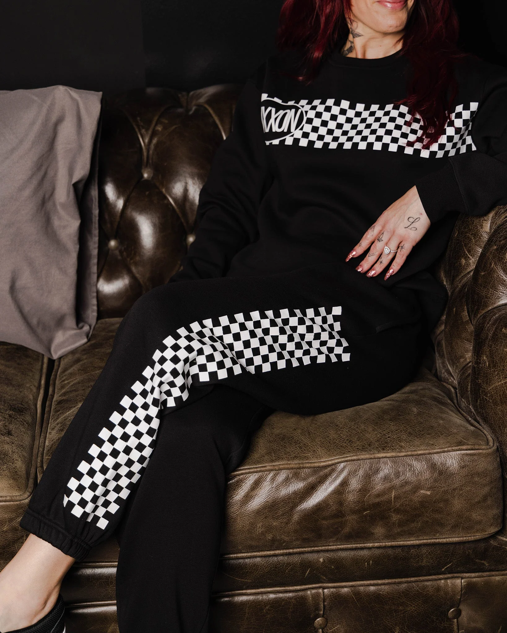 Women's White Checkers Sweatpants - Black - Image 2