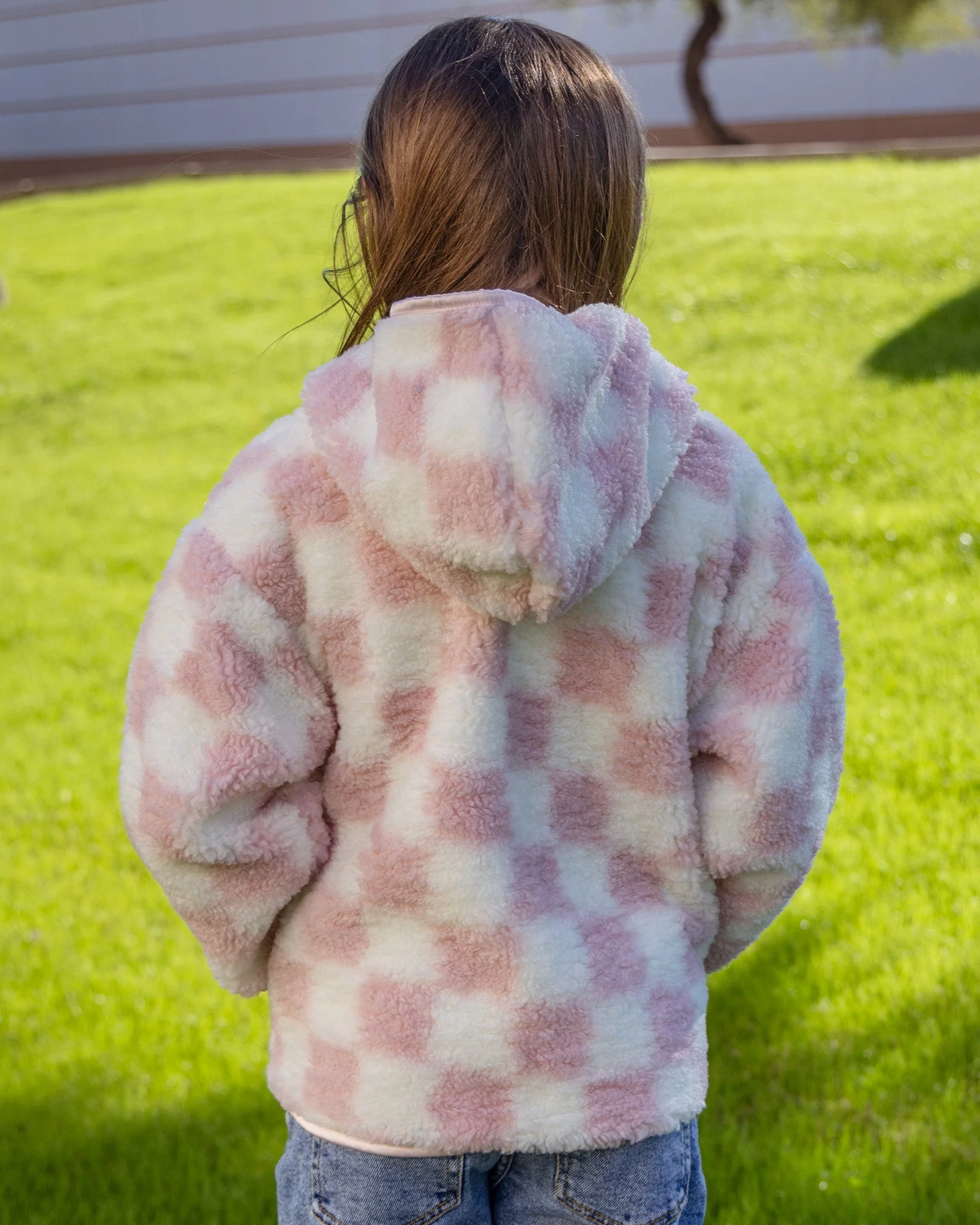 Youth Checkered Sherpa Cardigan - Pink & Cream - Image 3