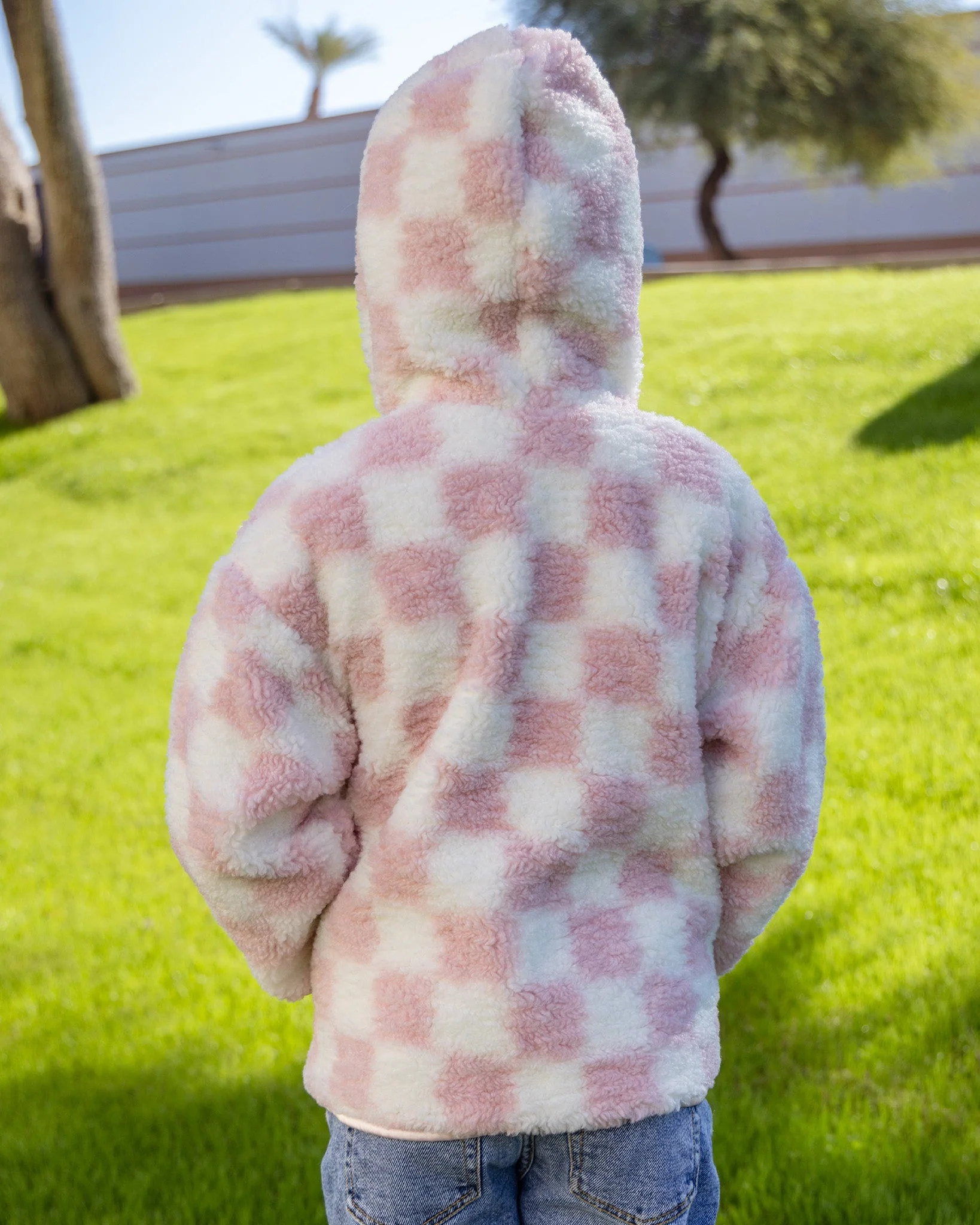 Youth Checkered Sherpa Cardigan - Pink & Cream - Image 4